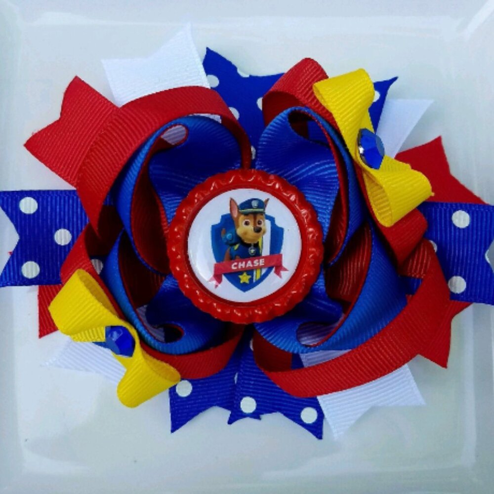 Chase PAW Patrol Red Blue White Yellow Bottle Cap Hair Bow 5"